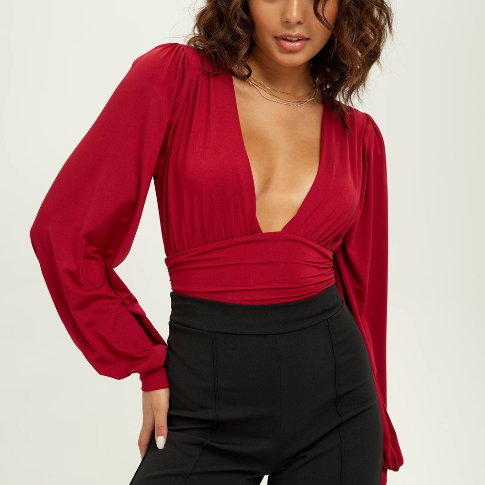 Red Burgundy Deep V Plunge Long Sleeve Bodysuit